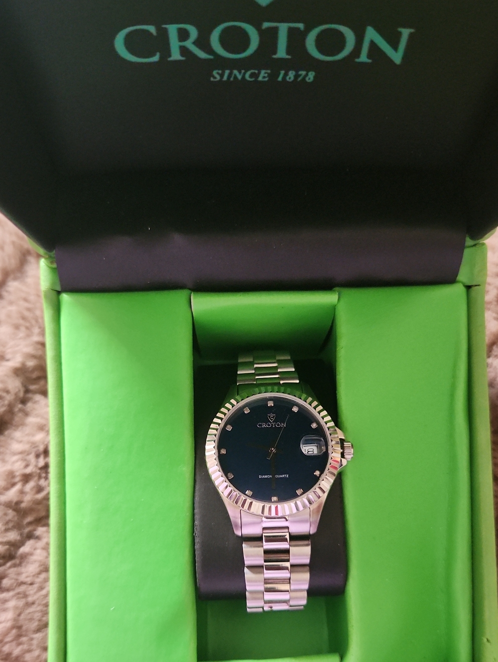Croton Silver-Tone Bracelet Watch with NAVY Dial and DIAMOND ACCENTS